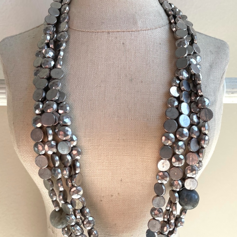 Statement Multi Layered Silver Beaded And Gray St… - image 4